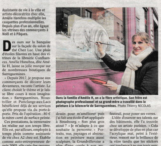 Article du Républicain Lorrain sur Amélie Hanebna, artiste-peintre, peinture sur vitrine, salon de thé, commerçant, Sarreguemines