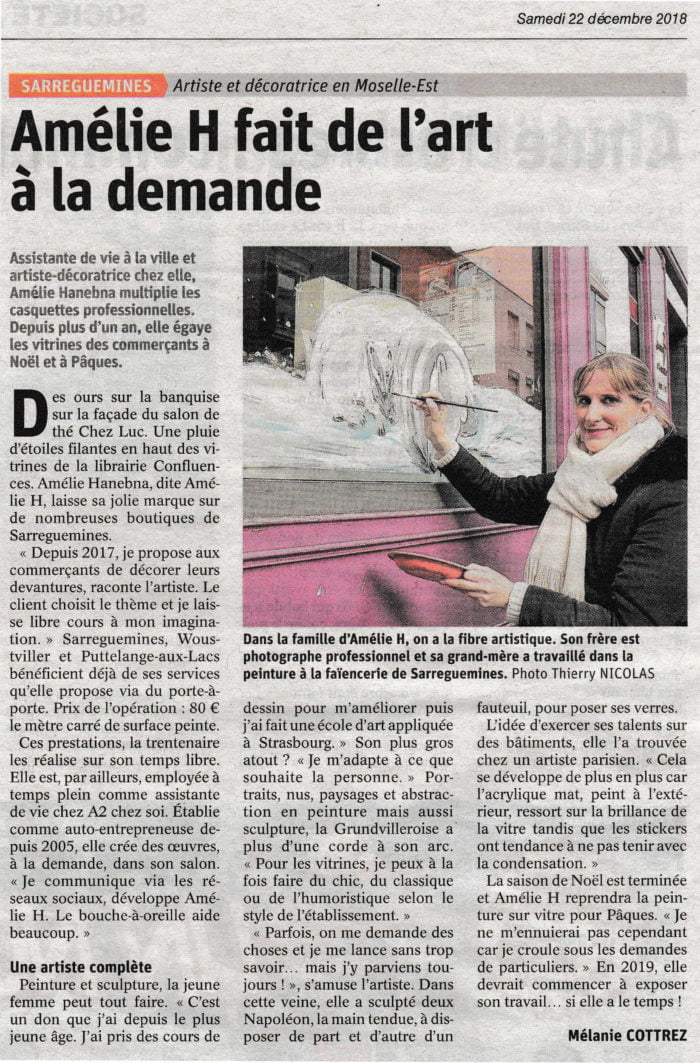 Article du Républicain Lorrain sur Amélie Hanebna, artiste-peintre, peinture sur vitrine, salon de thé, commerçant, Sarreguemines