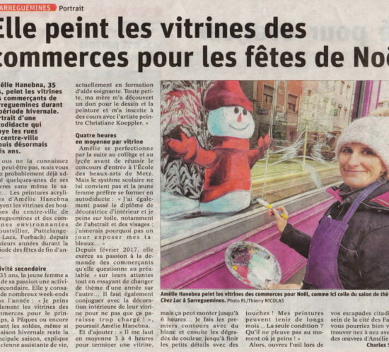 Article du Républicain Lorrain sur Amélie Hanebna, artiste-peintre, peinture sur vitrine, salon de thé, commerçant, Sarreguemines
