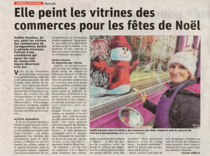 Article du Républicain Lorrain sur Amélie Hanebna, artiste-peintre, peinture sur vitrine, salon de thé, commerçant, Sarreguemines